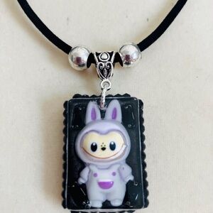 Handmade Kawaii “Labubu” Bunny Necklace with Black, Velvet Chain - 16 Inches